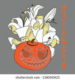 Pumpkin for Halloween. Jack-o-lantern with lily flowers and Halloween inscription in isometric projection