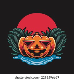 Pumpkin Halloween and Leaf Vector Illustration