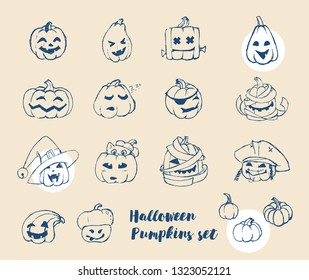 Pumpkin Halloween Line Art Vector Sketch Set