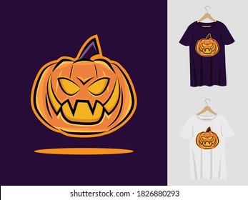 Pumpkin halloween mascot design with t-shirt . Pumpkin illustration for halloween party and printing t-shirt