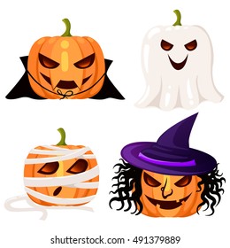 Pumpkin Halloween monsters suits for Halloween collection . monsters in cartoon style vector illustration set vampire mummy ghost witch