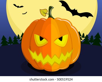 Pumpkin for Halloween on background of the full moon. Pumpkin with an evil smile, bats