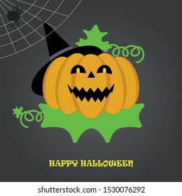 Pumpkin for Halloween. Pumpkin on a bed with leaves and a cobweb with a spider in the corner. Flat design illustration  