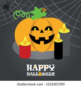 Pumpkin for Halloween. Pumpkin on a bed with leaves and a cobweb with a spider in the corner. Flat design illustration Jack is a symbol of the holiday of All Saints Day