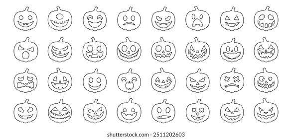 Pumpkin Halloween outline smile. Black Halloween face icon set. Spooky line pumpkin smile on white background. Design for the holiday Halloween. Vector illustration.