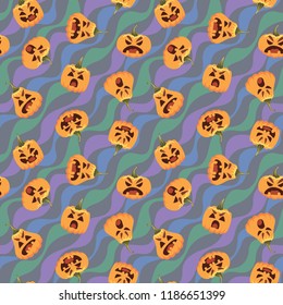 Pumpkin Halloween pattern. Vector illustration of pumpkin heads in different form with various emotions on wavy festive background. All Hallows' Evening. Holiday pattern vector. Element for design.