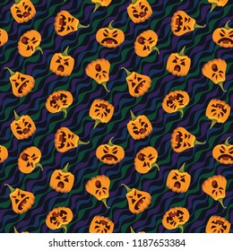 Pumpkin Halloween pattern. Vector illustration of pumpkin heads in different form with various emotions isolated on wavy festive background. All Hallows' Evening. Holiday pattern vector.