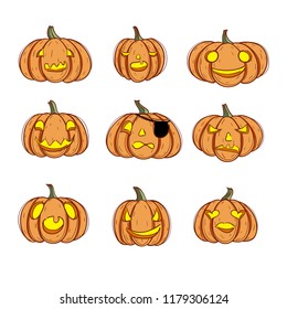 Pumpkin. Halloween pumkin vector orange icons set, set of orange pumkin emoticons