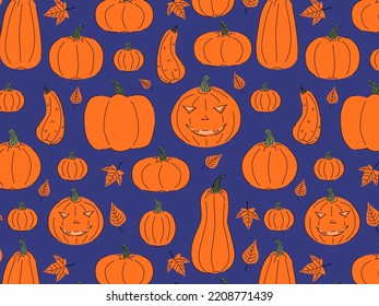 Pumpkin Halloween seamless pattern on blue background