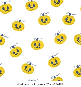 Pumpkin Halloween seamless Pattern. Orange pumpkins with smiles for your design for the holiday. Print for holiday celebration, wallpaper. Happy Halloween Vector cartoon illustration isolated.