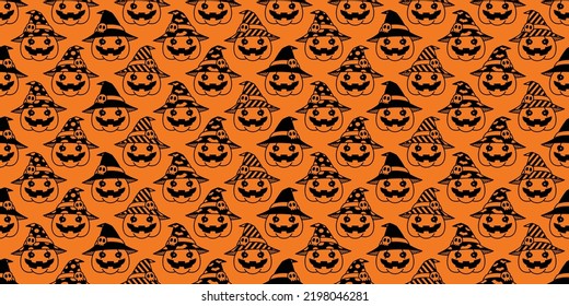 pumpkin Halloween seamless pattern witch hat vector cartoon ghost scarf isolated polka dot striped repeat wallpaper tile background gift wrapping paper illustration symbol icon doodle orange design