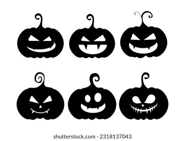 Pumpkin Halloween. Set of black Halloween pumpkins with face smiles in different characters on white background. Vector illustration.