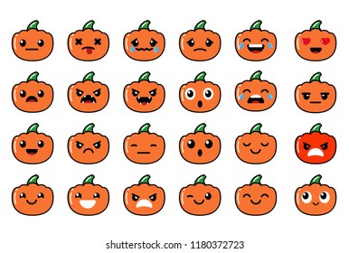 Pumpkin Halloween. A set of emotions for Halloween. Joy, sorrow, anger, tears, crying, laughter, love, anger, laughter, sadness, boredom, fun. Isolated on white background.Vector illustration.