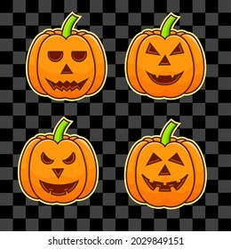 Halloween de calabaza set ilustración vector con estilo de dibujos animados. uso del paquete de calabazas anaranjadas para afiches, pancartas, volantes, web, sitio web
