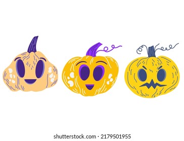 Pumpkin Halloween set. Orange pumpkins with smiles for your design for the holiday. Happy Halloween Vector cartoon illustration isolated on the white background. 