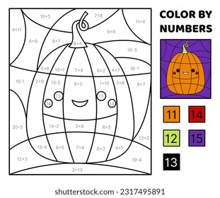Pumpkin. Halloween. Solve the problem, color the picture. Addition, Subtraction. Coloring book. Kawaii, cartoon, vector. Isolated vector illustration eps 10