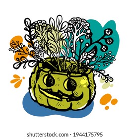 Pumpkin for Halloween vector with flowers. Black and white clip art with colored spots on a white background