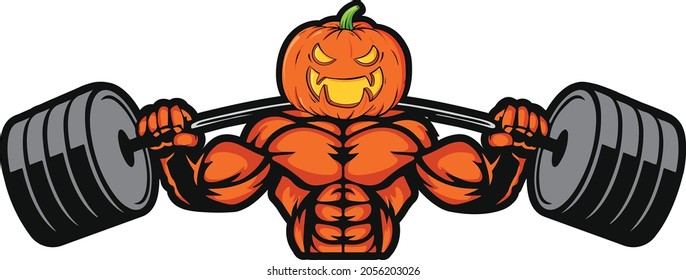 pumpkin Halloween vector icon holding barbell