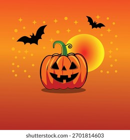 Ilustración vectorial de calabaza de Halloween El fondo muestra una brillante luna llena amarilla, dos murciélagos negros voladores,