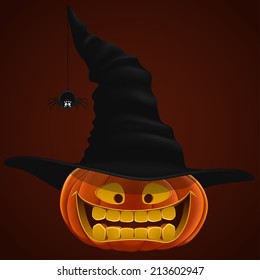 Pumpkin for Halloween, vector illustration, hat, spider
