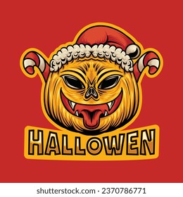 Pumpkin Halloween Wearing Santa Hat Vector Graphic Design illustration Emblem