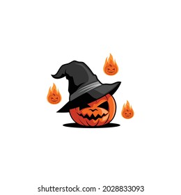 Pumpkin Halloween with witch hat and three fireballs