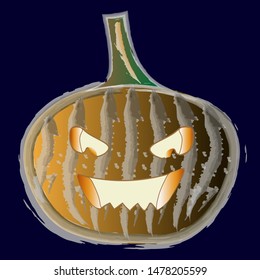 Pumpkin Halloween.Orange pumpkin with slits in the form of eye sockets and mouth on a dark background.Vector illustration.