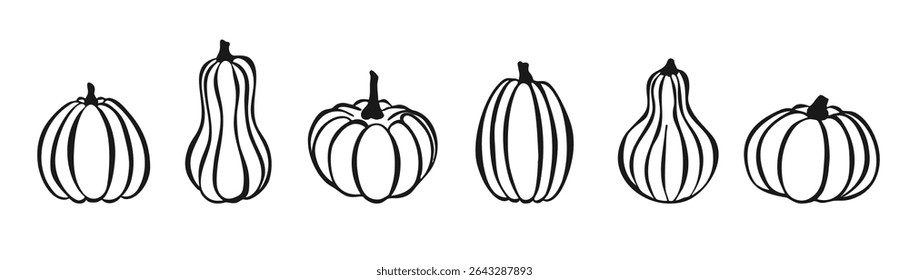 Pumpkin Hand Drawn Doodle Outline set for Thanksgiving Day or Halloween Isolated on white Background. Vector Silhouette Traditional Halloween Decorative line Element. Thanksgiving Pumpkin Icon Sketch.