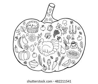 Pumpkin. Hand drawn doodles. Traditional symbol of Thanksgiving, Halloween, autumn. Sketch for coloring page, decoration, poster, print