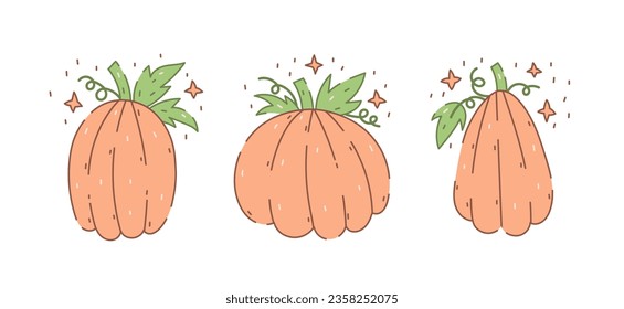 Kürbis handgezeichnet. Geräumige Sammlung von Doodle Kürbisse mit Sternen. Gemütliches Herbstsymbol für Grußkarten, Druck, Halloween und Thanksgiving