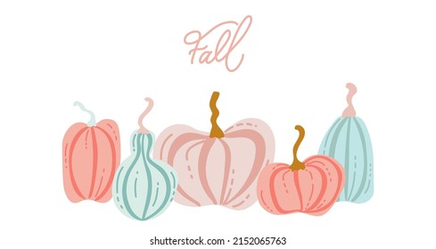 Pumpkin hand drawn simple set. Flat illustrations of pink and blue pumpkins and squash. Autumn collection for thanksgiving, harvest and halloween. Vector fall drawing