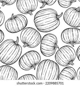 Pumpkin hand drawn sketch vector seamless pattern for Halloween and Thansgiving.