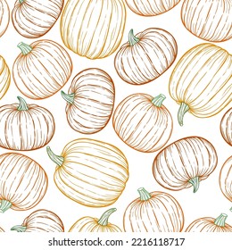 Pumpkin hand drawn sketch vector seamless pattern for Halloween and Thansgiving.