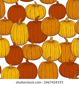 Pumpkin hand drawn sketch vector seamless pattern for Halloween and Thansgiving.