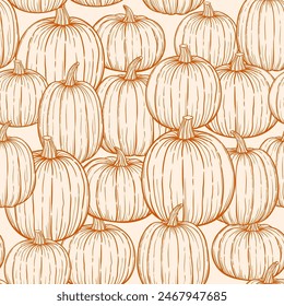 Pumpkin hand drawn sketch vector seamless pattern for Halloween and Thansgiving.