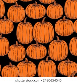 Pumpkin hand drawn sketch vector seamless pattern for Halloween and Thansgiving.