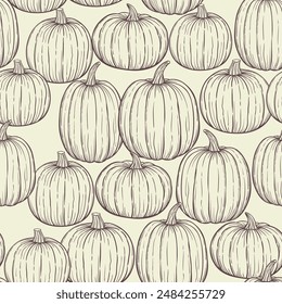 Pumpkin hand drawn sketch vector seamless pattern for Halloween and Thansgiving.