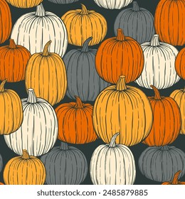 Pumpkin hand drawn sketch vector seamless pattern for Halloween and Thansgiving.