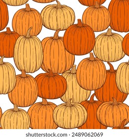 Pumpkin hand drawn sketch vector seamless pattern for Halloween and Thansgiving.