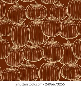 Pumpkin hand drawn sketch vector seamless pattern for Halloween and Thansgiving.