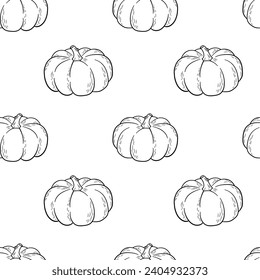 Pumpkin hand drawn vector monochrome seamless pattern. Outline vegetarian organic food. Farm market product. Thanksgiving day.