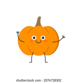 Pumpkin hand greeting cute character cartoon face smiling joy funny vegetable happy emotions icon vector illustration.