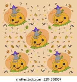 Pumpkin, hand lettering, cute pumpkin background with a kitten in a hat, pattern, doodle style drawing on a white background