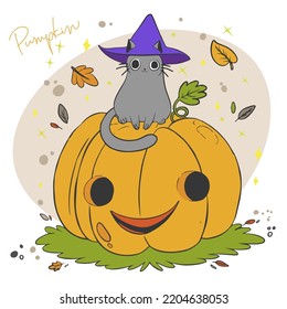 Pumpkin, hand lettering, cute pumpkin illustration with a kitten in a hat, doodle style drawing isolated on white background