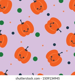 Pumpkin with happy face in flat design style on repeating seamless background. Colors of purple, green and orange for Halloween projects