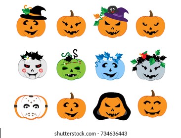 pumpkin HAPPY HALLOWEEN cartoon characters for cards. A witch, a dead bride, a zombie, a vampire, Jack the Ripper