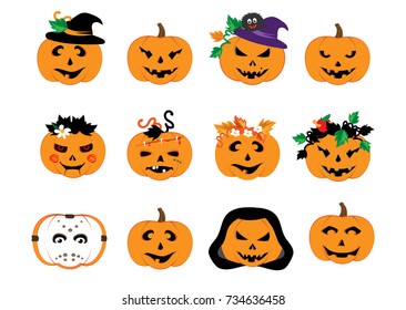 pumpkin HAPPY HALLOWEEN cartoon characters for cards. A witch, a dead bride, a zombie, a vampire, Jack the Ripper