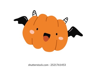 Calabaza, personaje feliz de Halloween con cara sonriente linda, cuernos y alas de murciélago. Adorable divertido Octubre Jack, espeluznante decoración de vacaciones de otoño. Ilustración vectorial plana aislada sobre fondo blanco