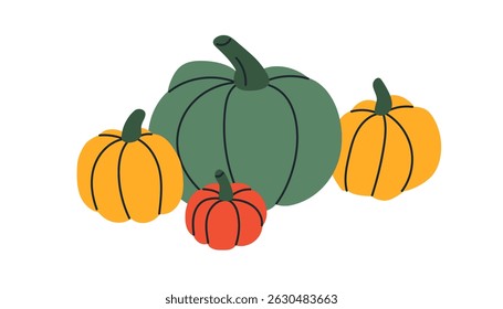 Cosecha de calabaza. Hortalizas de octubre, cultivos estacionales de otoño, agricultura natural y alimentos. Decoración tradicional de otoño para las vacaciones de Halloween. Ilustración vectorial plana aislada sobre fondo blanco