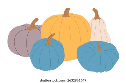 Cosecha de calabaza. Hortalizas de octubre, cultivos estacionales de otoño, agricultura natural y alimentos. Decoración tradicional de otoño para las vacaciones de Halloween. Ilustración vectorial plana aislada sobre fondo blanco